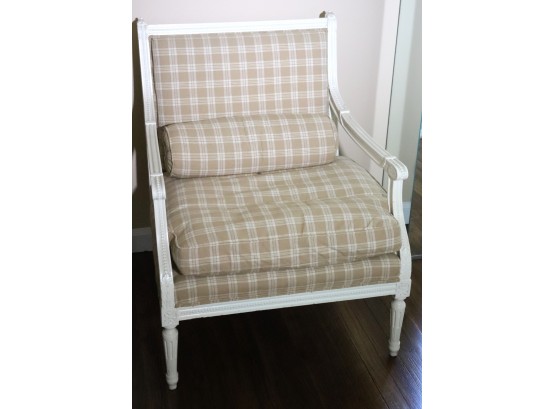 Painted French Country Style Accent Chair With Custom Plaid Feathered Upholstery