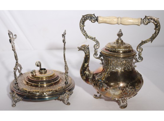 Intricate Tea Kettle With A Warmer Insert, Detail/Embossed Design Throughout Hints Of Gold Tone, Serpent S