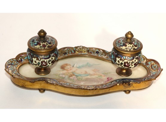 Antique Hand Painted Stone/Brass Inkwell With A Cherub Painting In The Center Signed By The Artist