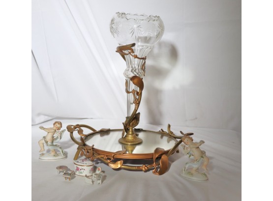 Art Nouveau Tray With Vase, 2 Hand Painted Cherub Figurines By G.Z Lefton Kw 8701, Staffordshire Miniatures