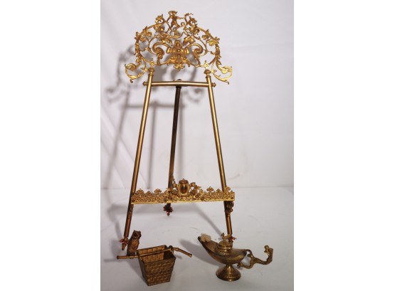 Highly Detailed Brass Frame/Easel Stand With Amazing Detailing, Includes A Brass Genies Lamp, Basket & Min