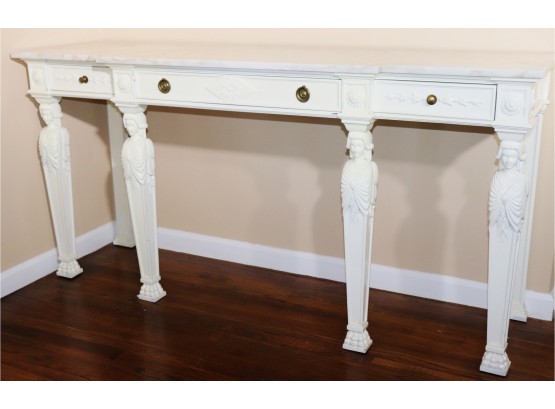 Highly Carved Lacquered Console With A Polished Finish Marble Top, Hollywood Regency With Carved Caryatids