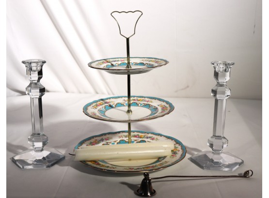 Val St Lambert Candlesticks & Sterling Candle Snuff With Berry Detail, Blue/White 3 Tier Snack Tray By Staf