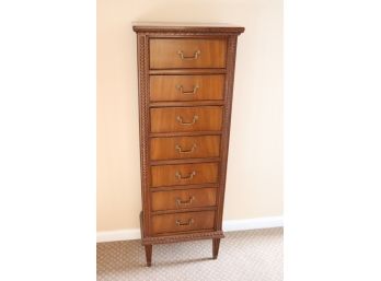 Elegant 7 Drawer Tall Boy Chest With Carved Wood Trim Along The Edges
