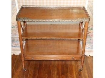 Vintage Elegant Serving Cart With A Gallery Rail Along The Top Surface & A Drawer On The Bottom For Storage