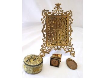 Collection Of Decorative Items Includes Vintage Brass Picture Frames & Trinket Box With Owl Detail