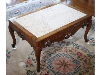 Highly Carved French Country Style Coffee Cocktail Table With A Thick Marble Stone Top Insert, Carved Deta