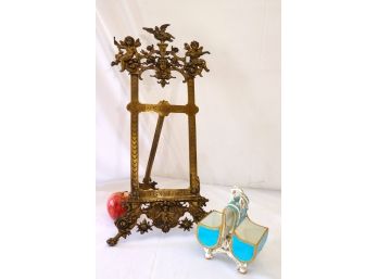 Amazing Vintage Brass Easel With Amazing Cherub Detail Throughout, Includes A Pretty Porcelain Piece