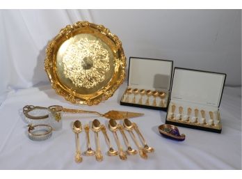 24K Plated Janis Collection Spoon Sets, Reed & Barton Spoons, Cake Knife Made In Italy & Serving Dish