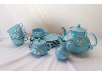 Vintage Blue & White Painted Terracotta Tea Set Which Does Show Age-Appropriate Chipping/Wear On Pieces