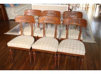 Set Of 6 Country French Style Dining Chairs With A Custom Neutral Tone Plaid Upholstery On The Seat Cushions