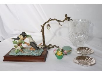 Mounted Birds On Wood Includes Capodimonte Pc, Alabaster Box From Italy, Benedict Shell Dishes, Tree Of Life