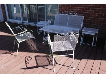 Vintage Outdoor Metal Patio Set Includes A Bench, Nesting Side Tables Includes 2 Side Chairs