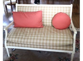 Painted French Country Style Settee With Feathered Cushions & Custom Plaid Upholstery