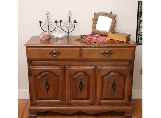 Colonial Style Cabinet With Small Burl Wood Mirror, Marlestone Box, Pr. Wrought Iron Candlesticks, Silk T