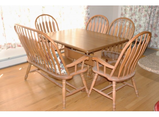 Contemporary Oak Trestle Dining Table, 4 Oak Windsor Chairs & Bench