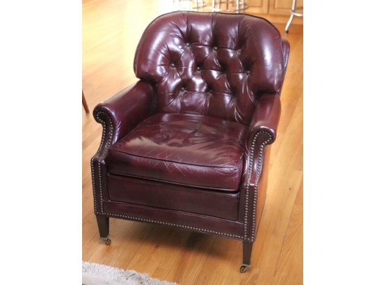 Vintage Ethan Allen Tufted Back Leather Armchair In Rich Burgundy Leather