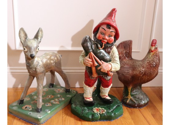 Group Of Painted Figurines Featuring Gnome With Bagpipes, Doe & Hen