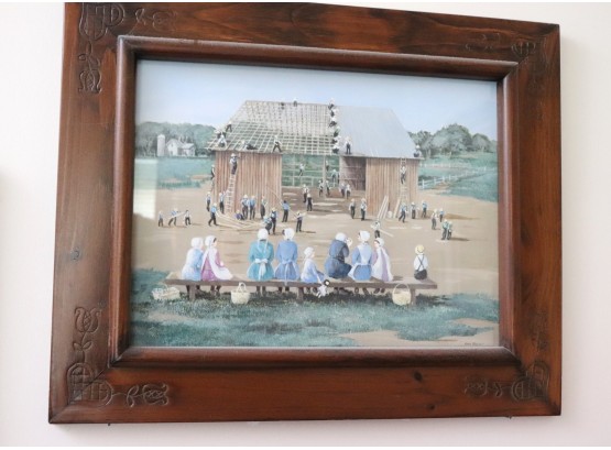 Watercolor Painting Of An Amish Barn Raising In A Primitive Carved Wood Frame, Signed Ann Mount