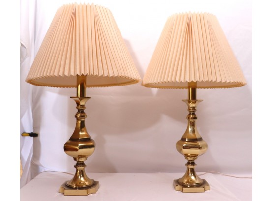Pair Of Heavy Brass Table Lamps With Pleated Linen Shades
