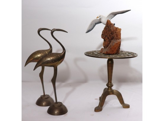 Pair Brass Ibis Bird Figures, Scrolled Brass Pedestal With Squirrel Motif & Burl Wood With Seagull