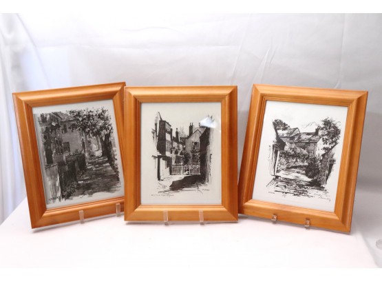 Lot Of 3 Artwork By F. M. Rines In Light Wood Frames
