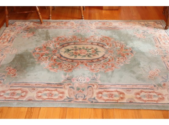Chinese Hand Tufted Area Rug In Soft Green & Pink Tones With Aubusson Style Design