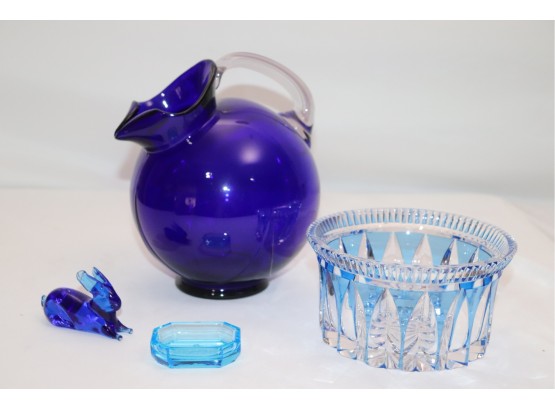 Very Pretty Group Of Blue Crystal & Glass Decorative Items With Pitcher, Bowl, Bunny & Salt