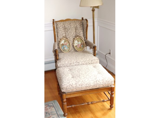 Colonial Style Wing Chair & Ottoman With 2 Decorative Wall Plaques & Adjustable Brass Floor Lamp