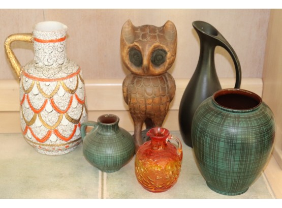 Collection Of MCM German & Italian Pottery With Textured Glass Pitcher, & Carved Owl
