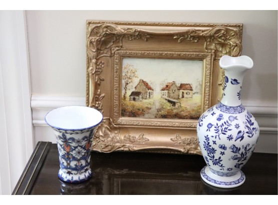 Small Painting Of Charming Cottages In Elaborate Gold Frame With Coalport Vase & German Vase
