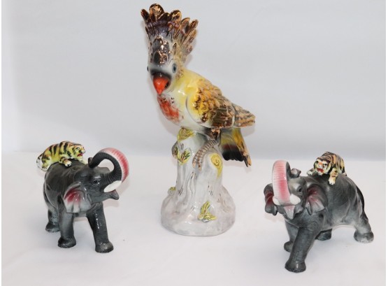 Vintage Hand Painted Ceramic Parrot Made In Italy & Pair Of Ceramic Elephants With Tigers On Their Backs