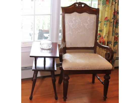 Decorative Wood Rolled Arm Chair & Colonial Style 2 Tier Side Table & Crystal Bowl