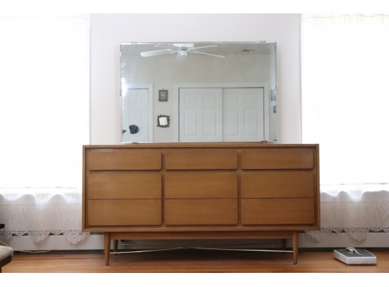 Mid Century Modern Light Wood Dresser & Mirror With 9 Curved Edge Drawers