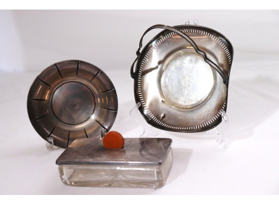 Sterling Bowl By PS & Co, Small Sterling Basket With Handle & Art Deco Glass Box With Silver Plated Lid