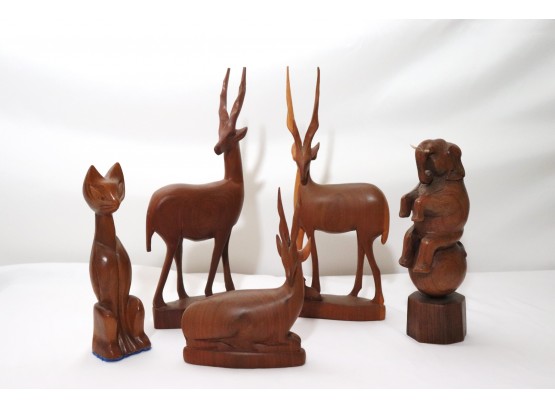 Lot Of 5 Carved Wood Animal Figurines With Elephant & Antelopes