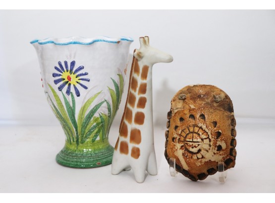 Decorative Lot With Hand Painted Ceramic Vase, Ceramic Giraffe & Wall Pocket