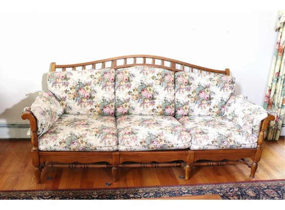 Ethan Allen Traditional Classics Wood Sofa With Floral Cushions