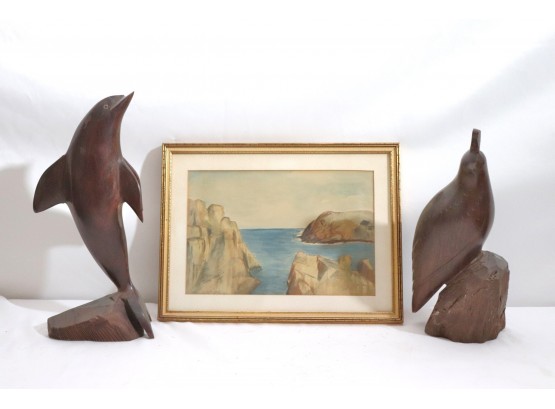 Small Signed Watercolor & 2 Carved Wood Figures Of Dolphin & Quail