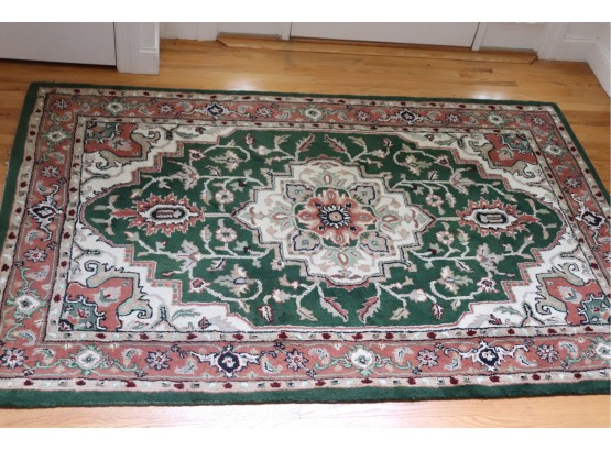 Oriental Style Area Rug With Green, Pink & Off-White Geometric Design