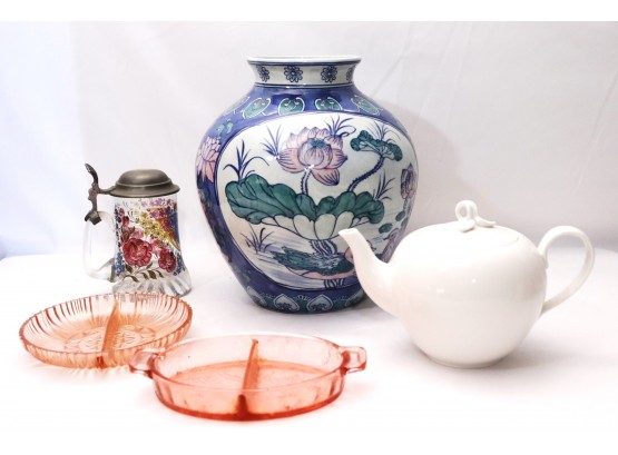 Blue Vase With Water Lily, Martha Stewart Teapot, Stein & 2 Pink Depression Glass Nut Dishes