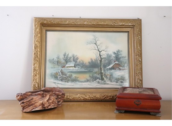 Vintage Print Of A Country Landscape In Winter With Wood Box & Wooden Bowl