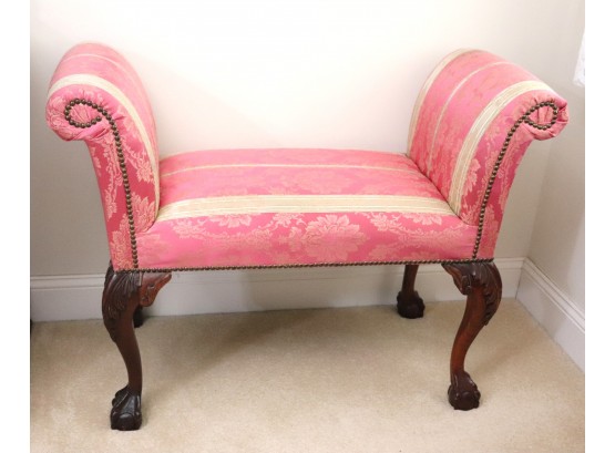 Elegant Chippendale Style Bench With Pink & Gold Damask Upholstery