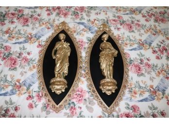 Pair Of Decorative Wall Plaques Featuring Classical Maidens On Velvet Background