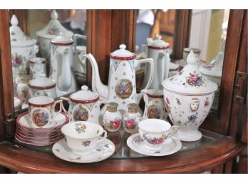 Miniature Decorative Teapot, Sugar & Creamer With Classical Portrait Center & An Assortment Of German Demitass