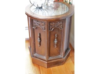 Mediterranean Style Side Table With Carved Top & Storage