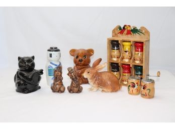 Cute Vintage Hand Painted Wooden Spice Holders & Teddy Bear Teapot, Bear Honey Pot, Bunny & More