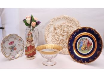 Lot Of Decorative Items With Plaster Plaque, Crystal Vase, Gold Rimmed Bowl, & Figurine Made In Germany US Zon