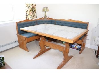 Oak Trestle Table With Tiled Top & 3 Piece Oak Corner Benches With Storage, Great For Comfortable Casual Di