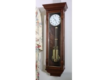 Tall Case Wall Clock By New England Clock Co. With Brass Pendulum & Weights